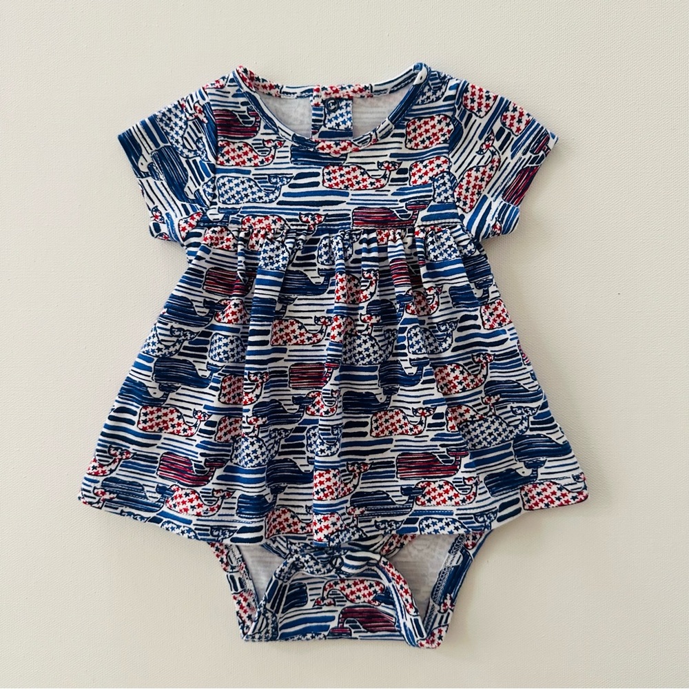 Vineyard Vines 0-3 Months Baby Girl Whale Bodysuit Dress Patriotic American Flag